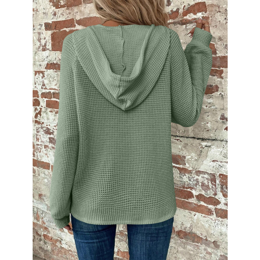 Waffle Knit Long Sleeve Drawstring Hooded Top Apparel and Accessories