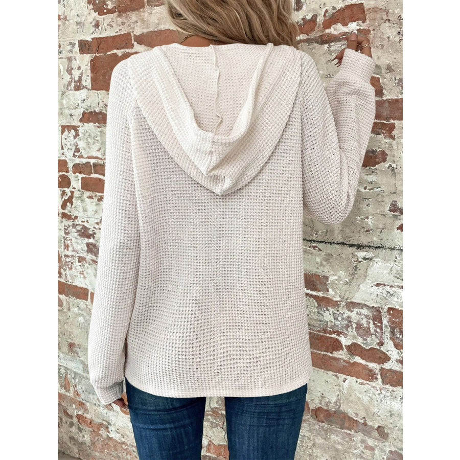 Waffle Knit Long Sleeve Drawstring Hooded Top White / S Apparel and Accessories