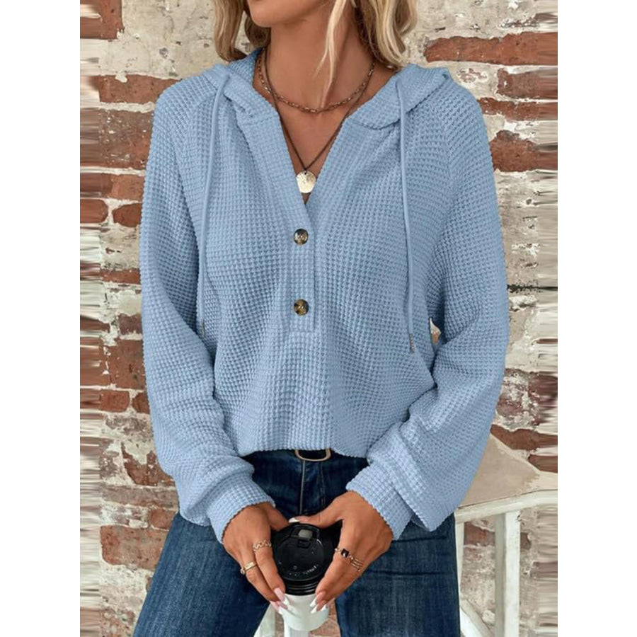 Waffle Knit Long Sleeve Drawstring Hooded Top Apparel and Accessories