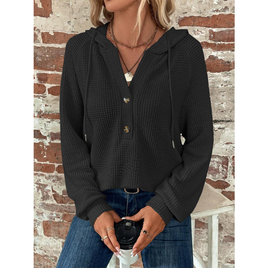 Waffle Knit Long Sleeve Drawstring Hooded Top Apparel and Accessories
