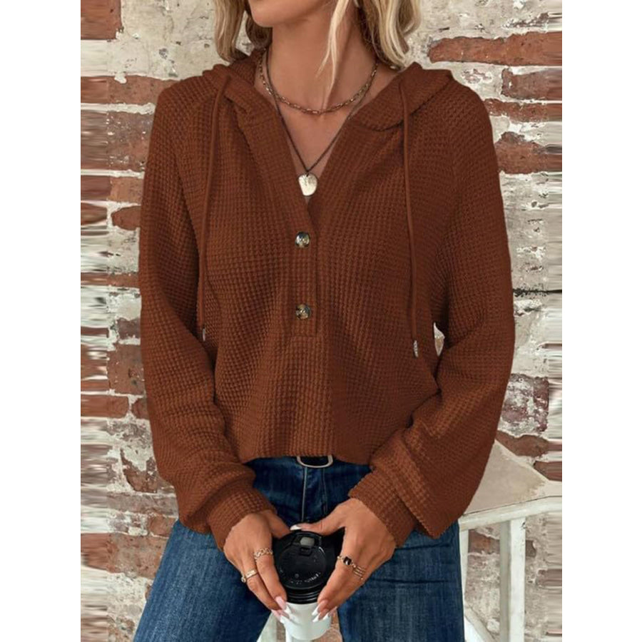 Waffle Knit Long Sleeve Drawstring Hooded Top Apparel and Accessories