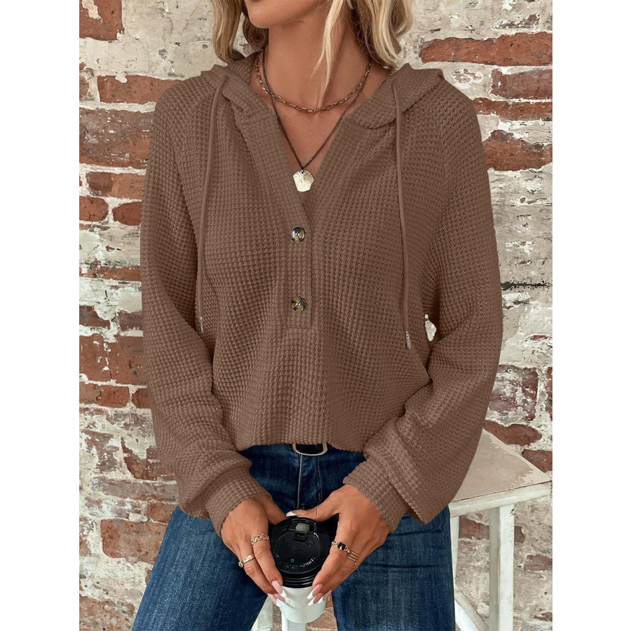 Waffle Knit Long Sleeve Drawstring Hooded Top Apparel and Accessories