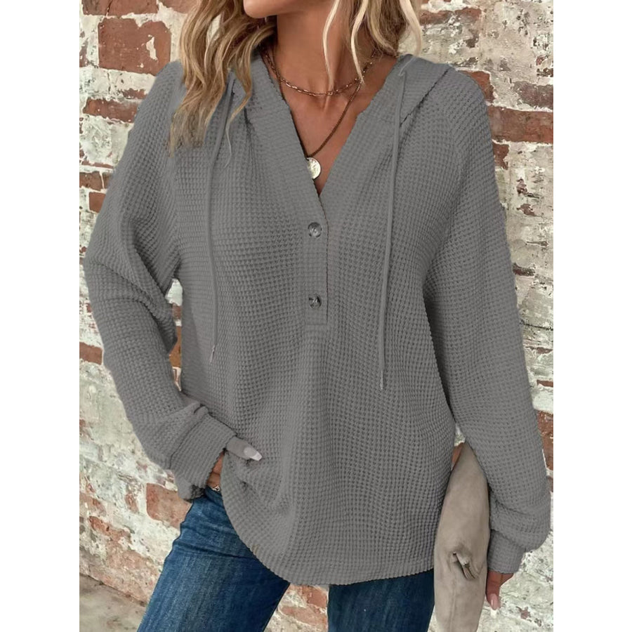 Waffle Knit Long Sleeve Drawstring Hooded Top Apparel and Accessories