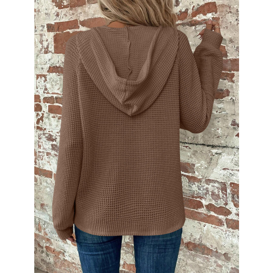 Waffle Knit Long Sleeve Drawstring Hooded Top Apparel and Accessories
