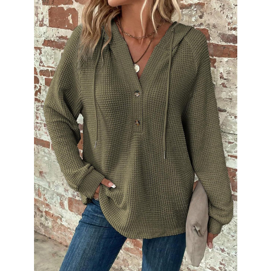 Waffle Knit Long Sleeve Drawstring Hooded Top Apparel and Accessories