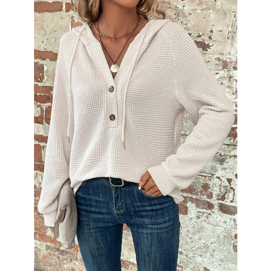 Waffle Knit Long Sleeve Drawstring Hooded Top Apparel and Accessories