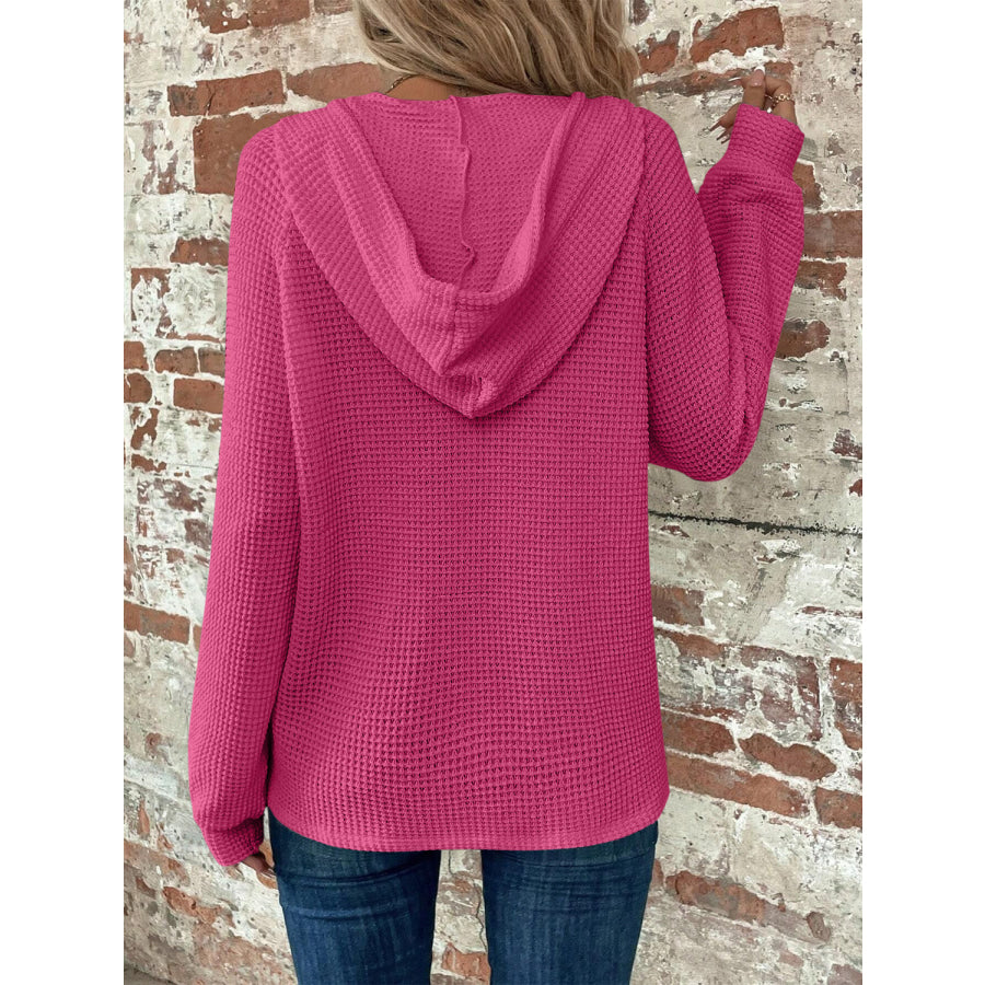 Waffle Knit Long Sleeve Drawstring Hooded Top Apparel and Accessories