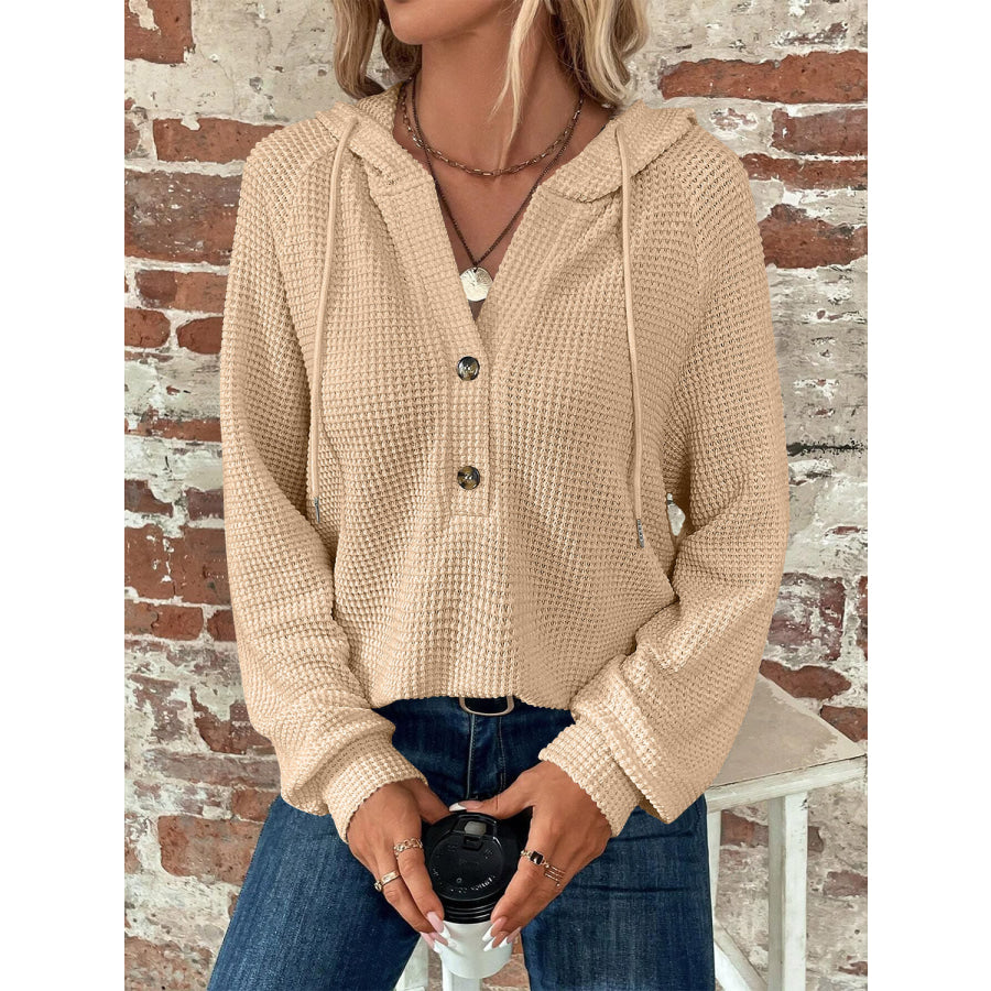 Waffle Knit Long Sleeve Drawstring Hooded Top Apparel and Accessories
