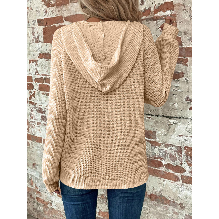 Waffle Knit Long Sleeve Drawstring Hooded Top Apparel and Accessories