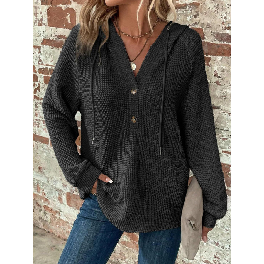 Waffle Knit Long Sleeve Drawstring Hooded Top Black / S Apparel and Accessories