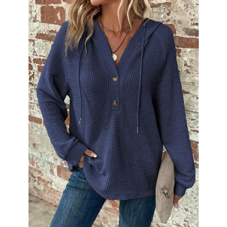 Waffle Knit Long Sleeve Drawstring Hooded Top Dark Blue / S Apparel and Accessories
