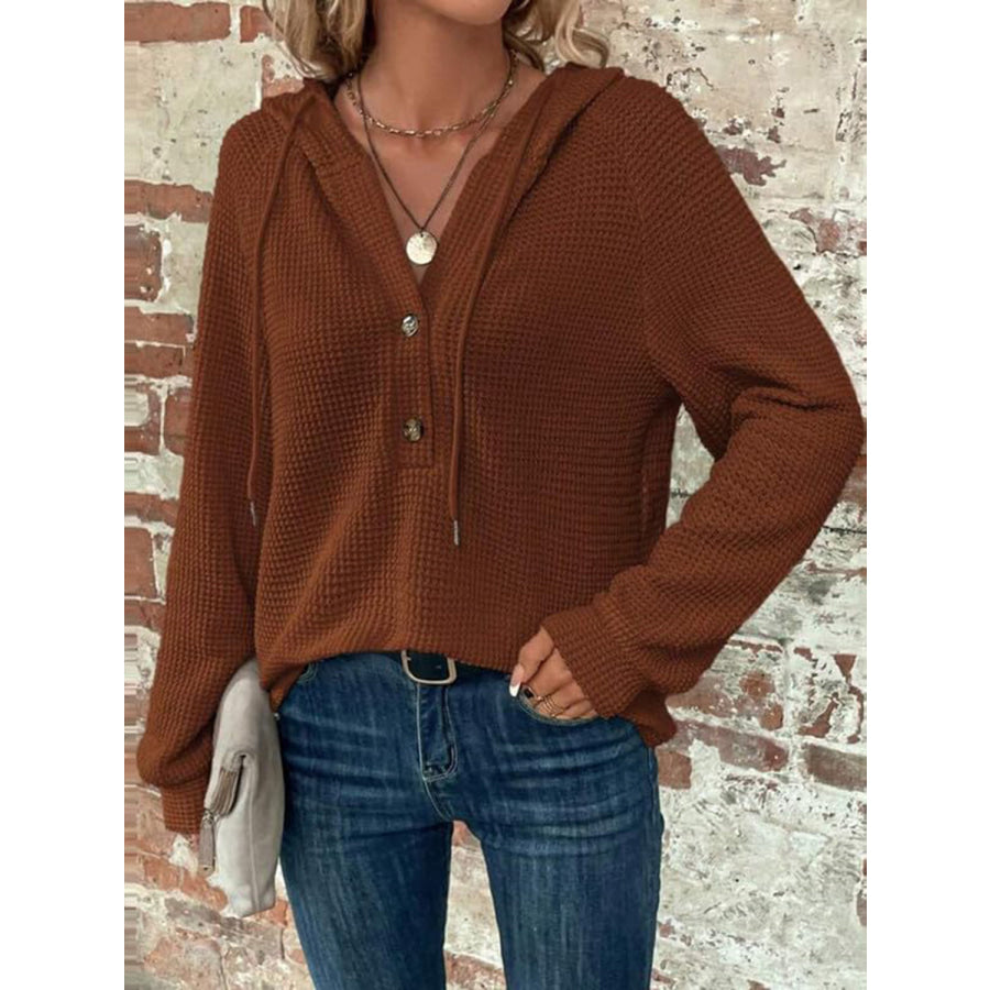 Waffle Knit Long Sleeve Drawstring Hooded Top Dark Brown / S Apparel and Accessories