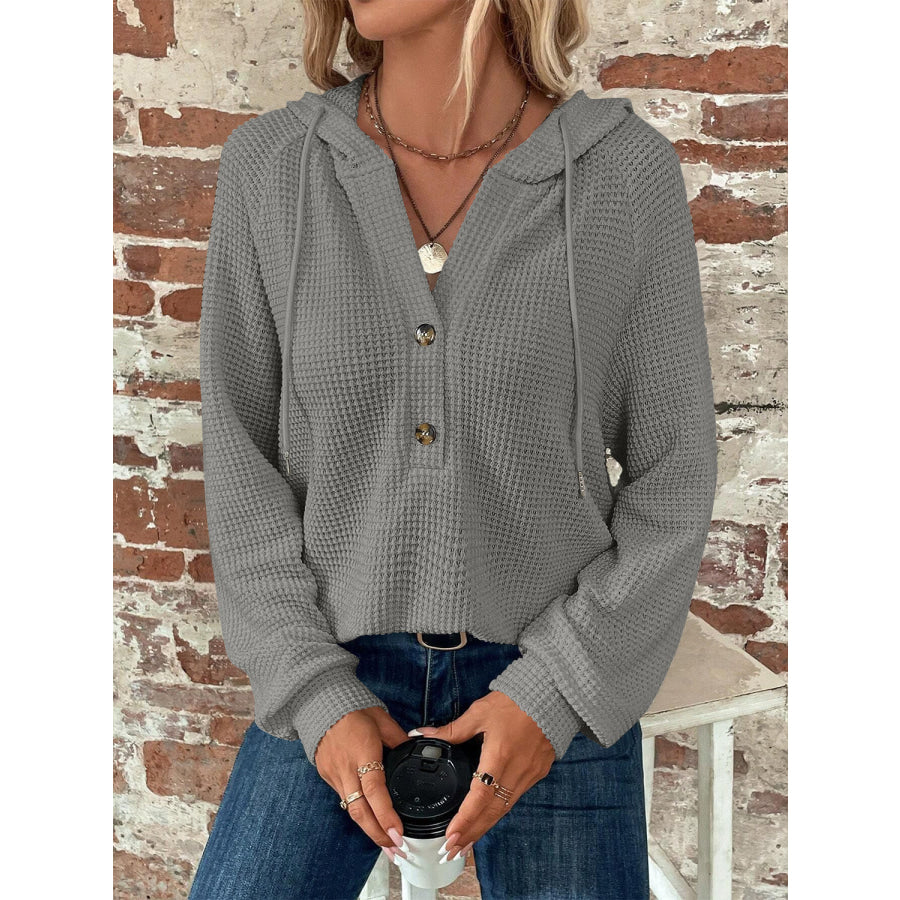 Waffle Knit Long Sleeve Drawstring Hooded Top Gray / S Apparel and Accessories