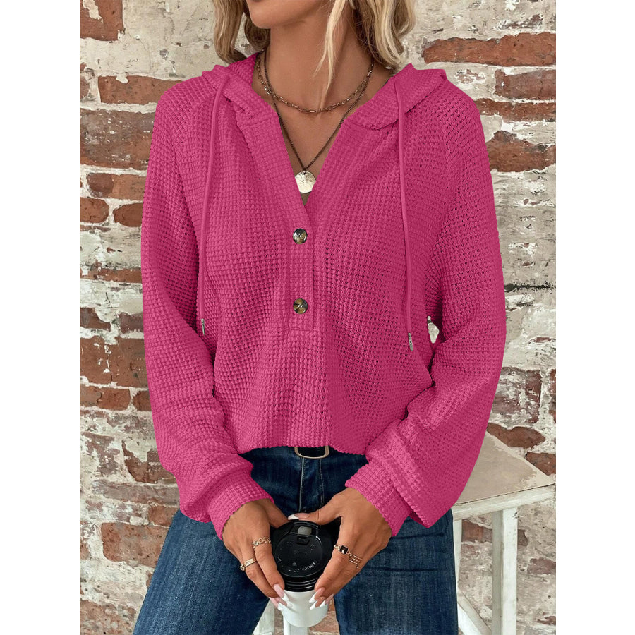Waffle Knit Long Sleeve Drawstring Hooded Top Hot Pink / S Apparel and Accessories