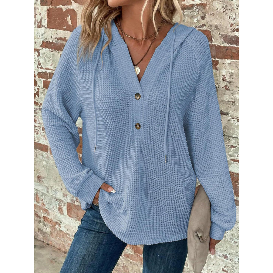 Waffle Knit Long Sleeve Drawstring Hooded Top Light Blue / S Apparel and Accessories