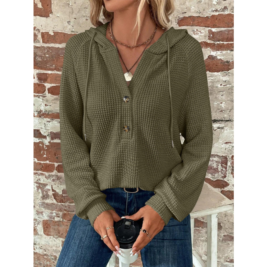 Waffle Knit Long Sleeve Drawstring Hooded Top Moss / S Apparel and Accessories
