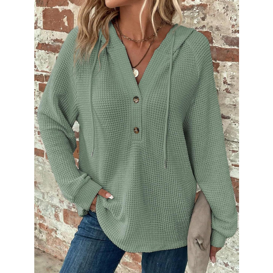 Waffle Knit Long Sleeve Drawstring Hooded Top Sage / S Apparel and Accessories