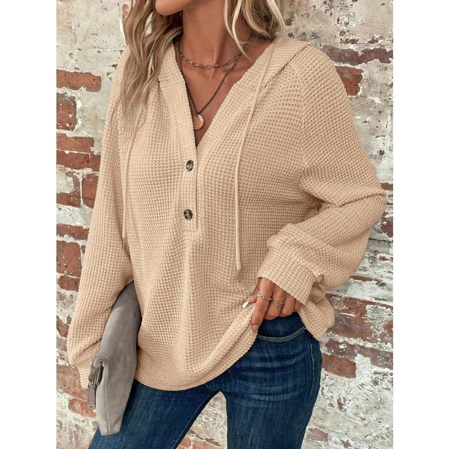 Waffle Knit Long Sleeve Drawstring Hooded Top Tan / S Apparel and Accessories