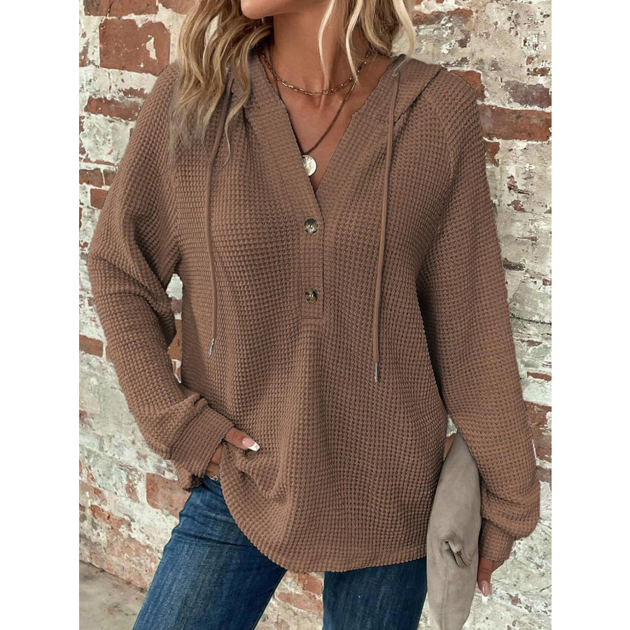 Waffle Knit Long Sleeve Drawstring Hooded Top Taupe / S Apparel and Accessories