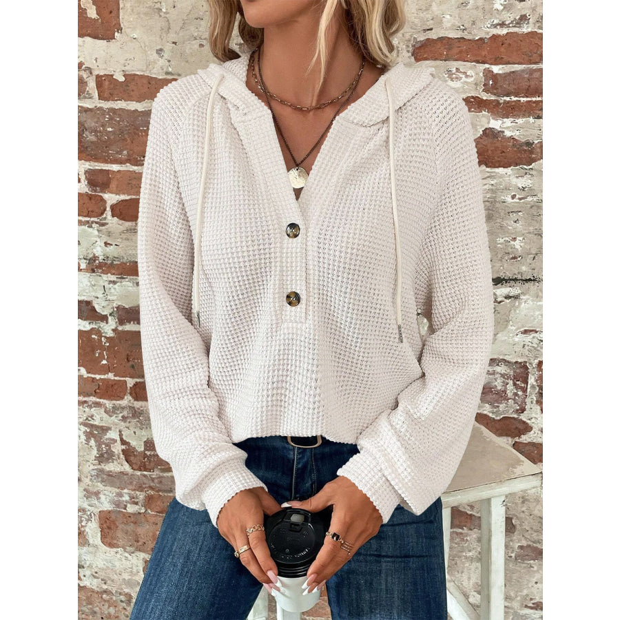 Waffle Knit Long Sleeve Drawstring Hooded Top White / S Apparel and Accessories