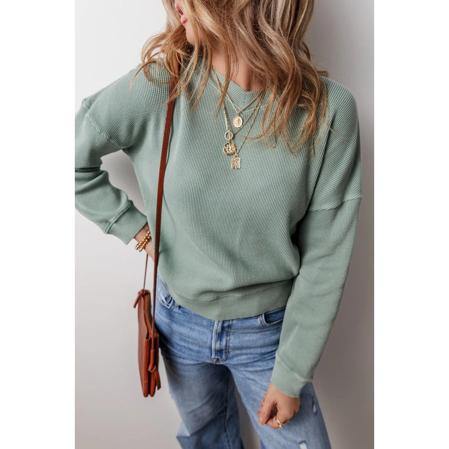 Waffle-Knit Long Sleeve Dropped Shoulder Top Apparel and Accessories