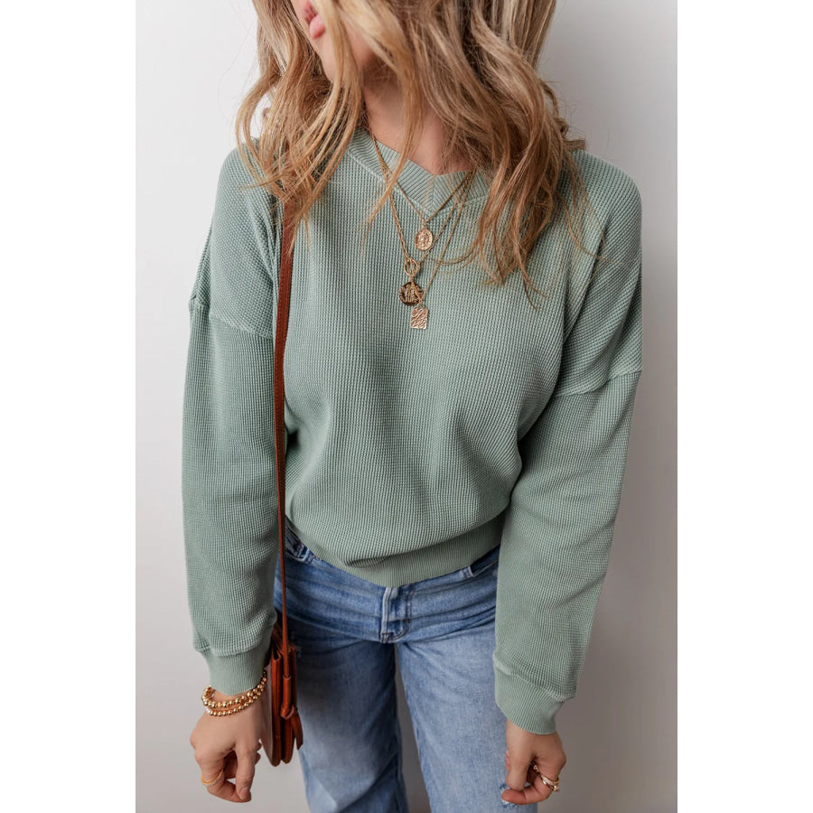 Waffle-Knit Long Sleeve Dropped Shoulder Top Apparel and Accessories