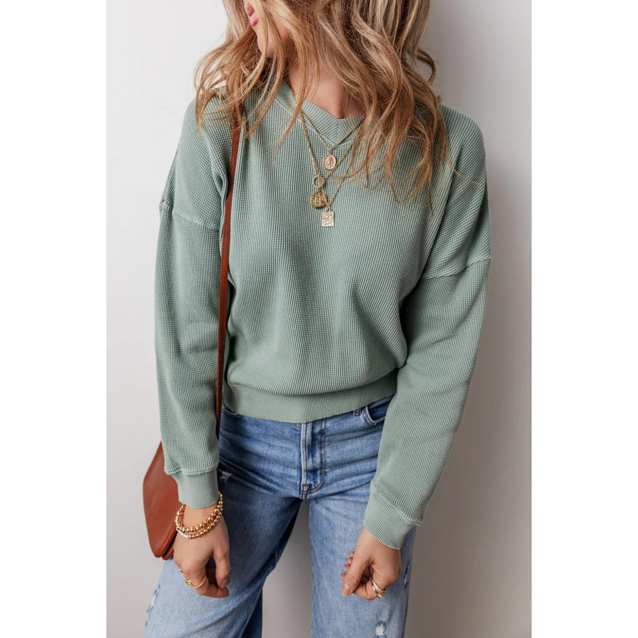 Waffle-Knit Long Sleeve Dropped Shoulder Top Sage / S Apparel and Accessories