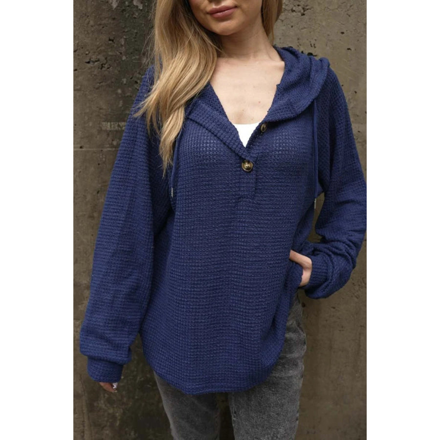 Waffle-Knit Long Sleeve Hooded T-Shirt Dark Blue / S Apparel and Accessories