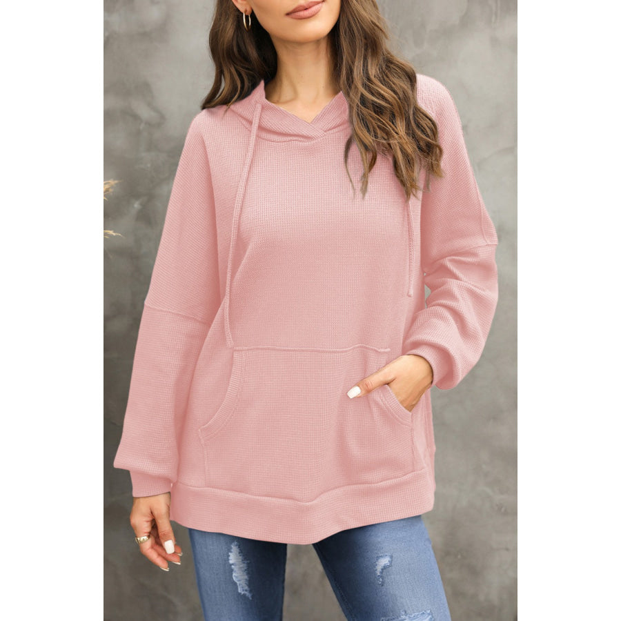 Waffle-Knit Long Sleeve Hoodie Blush Pink / S Apparel and Accessories