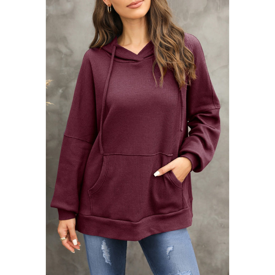 Waffle-Knit Long Sleeve Hoodie Burgundy / S Apparel and Accessories