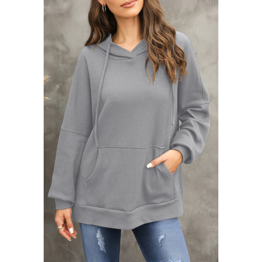 Waffle-Knit Long Sleeve Hoodie Dark Gray / S Apparel and Accessories