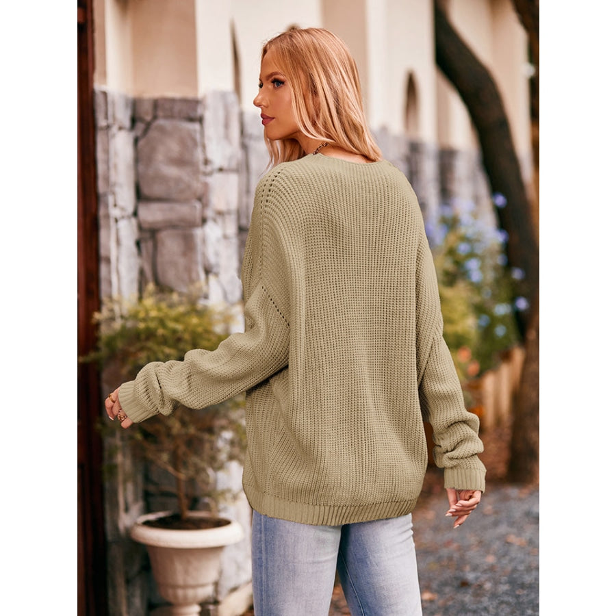 Waffle-Knit Long Sleeve Sweater Camel / S