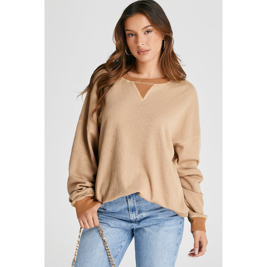 Waffle-Knit Long Sleeve Sweatshirt Tan / S Apparel and Accessories