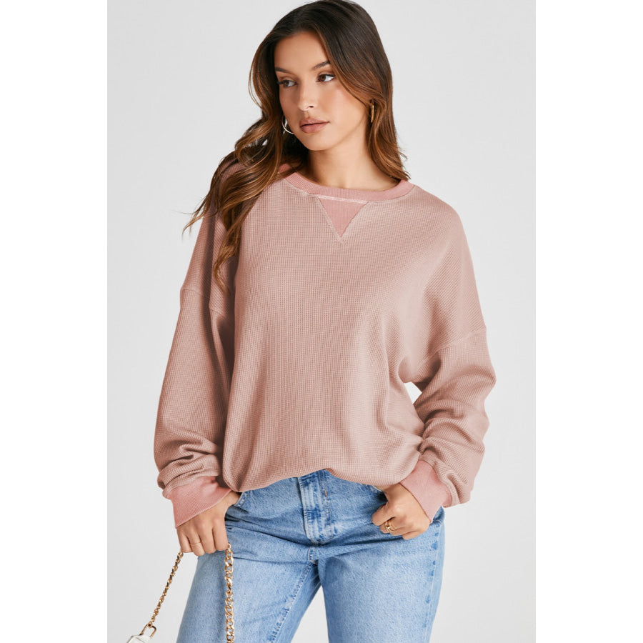 Waffle-Knit Long Sleeve Sweatshirt Dusty Pink / 2XL Apparel and Accessories