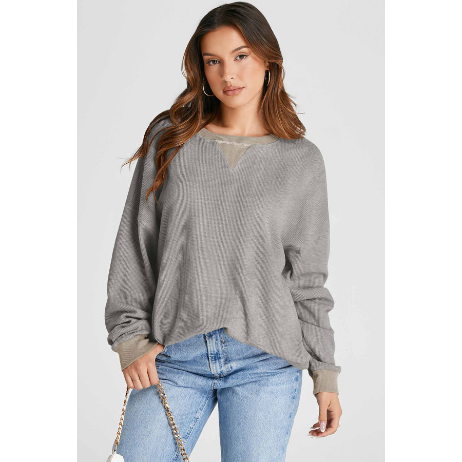 Waffle-Knit Long Sleeve Sweatshirt Gray / S Apparel and Accessories