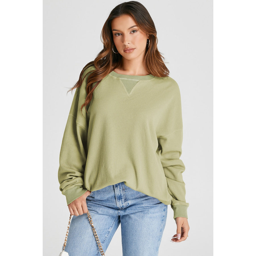 Waffle-Knit Long Sleeve Sweatshirt Sage / M Apparel and Accessories