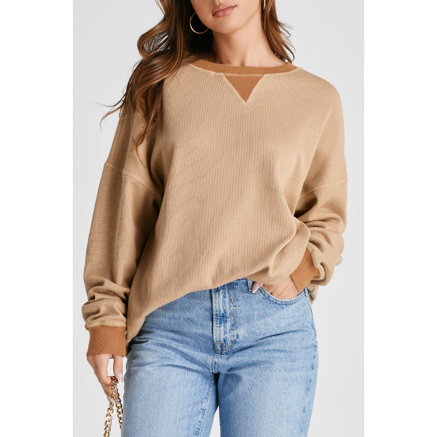 Waffle-Knit Long Sleeve Sweatshirt Tan / S Apparel and Accessories