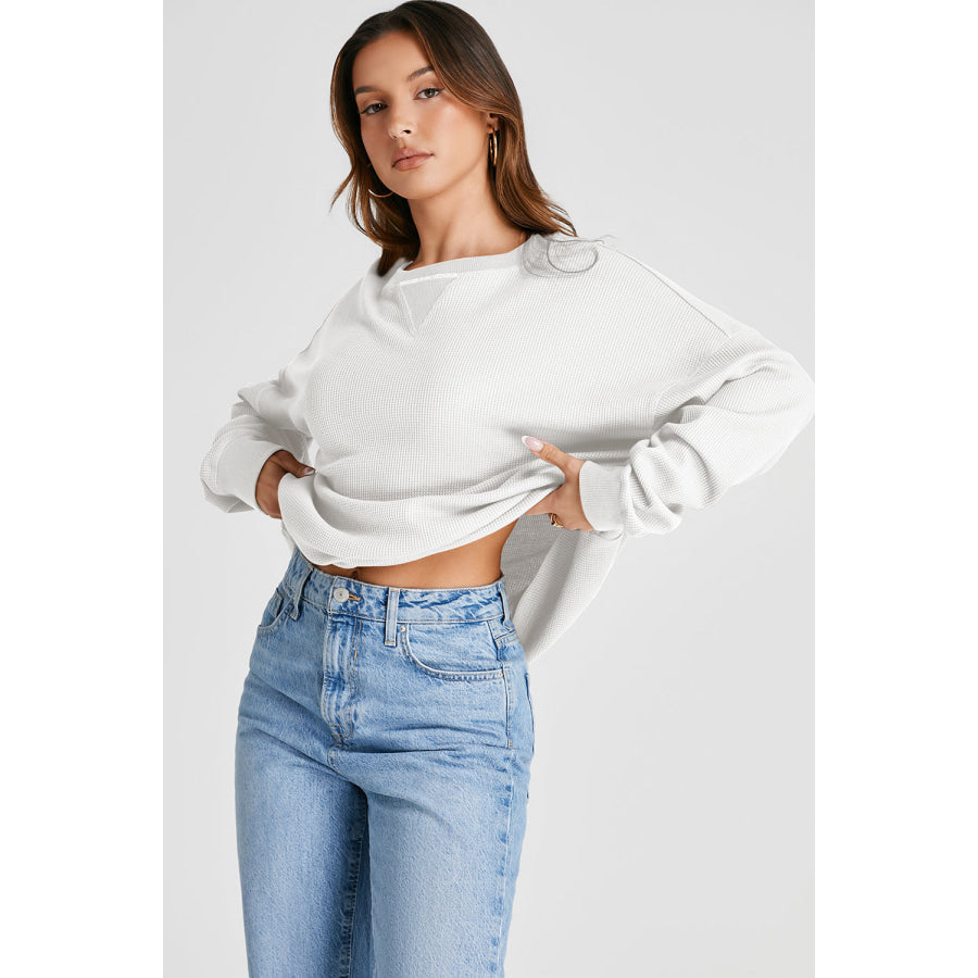 Waffle-Knit Long Sleeve Sweatshirt White / S Apparel and Accessories