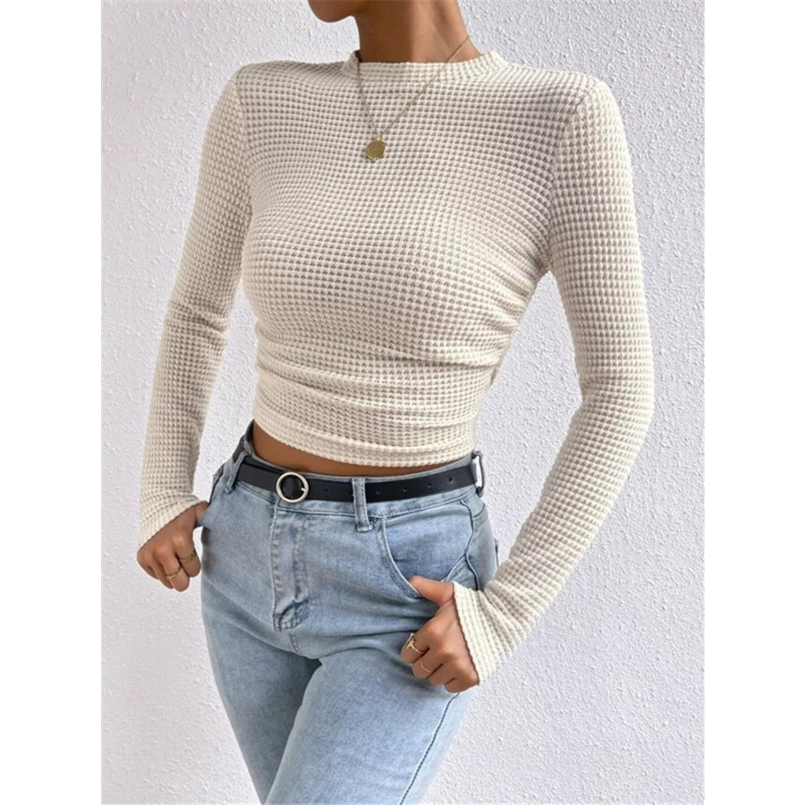 Waffle Knit Long Sleeve T-Shirt Beige / S Apparel and Accessories
