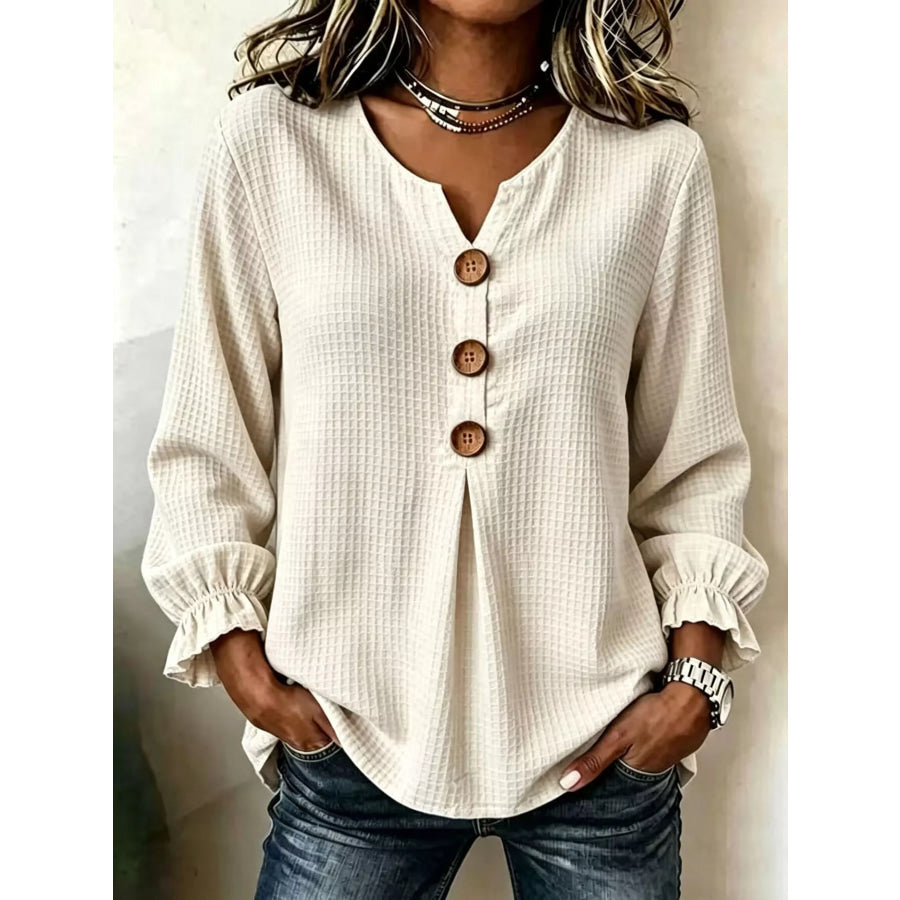 Waffle Knit Long Sleeve Top Beige / S Apparel and Accessories