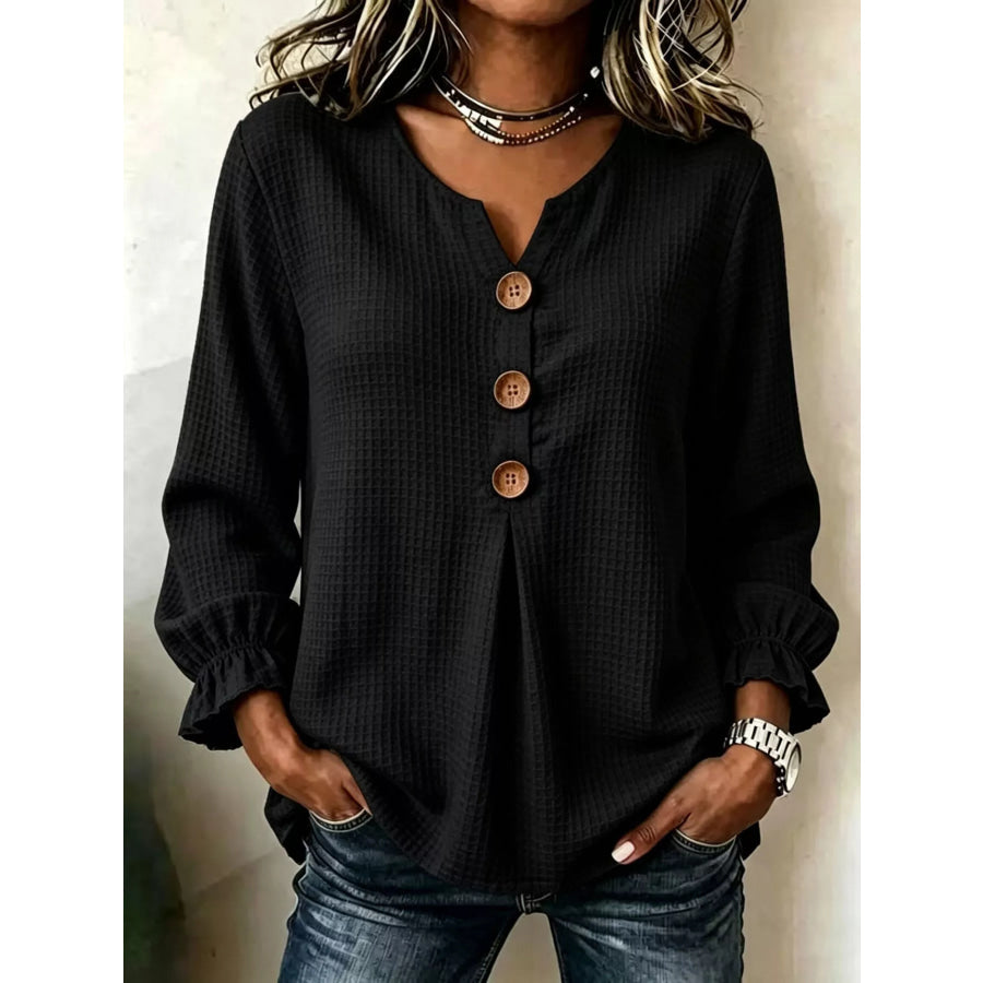 Waffle Knit Long Sleeve Top Black / S Apparel and Accessories