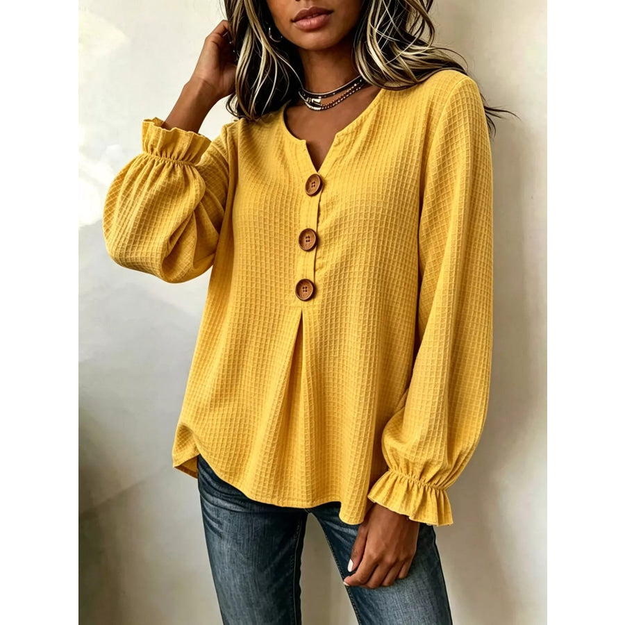 Waffle Knit Long Sleeve Top Mustard / S Apparel and Accessories