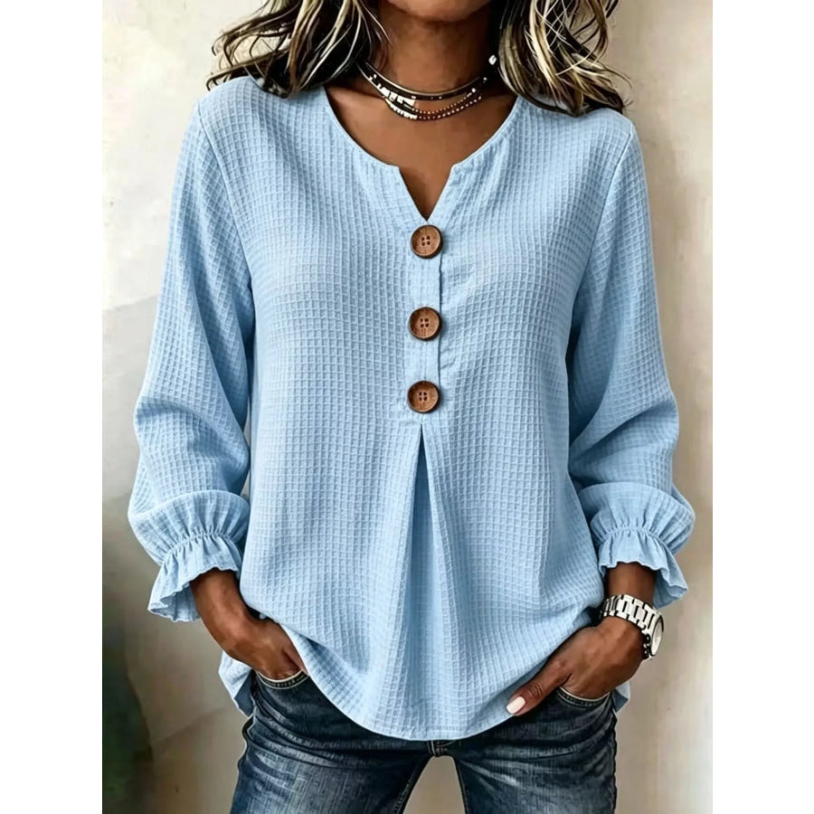 Waffle Knit Long Sleeve Top Pastel Blue / S Apparel and Accessories