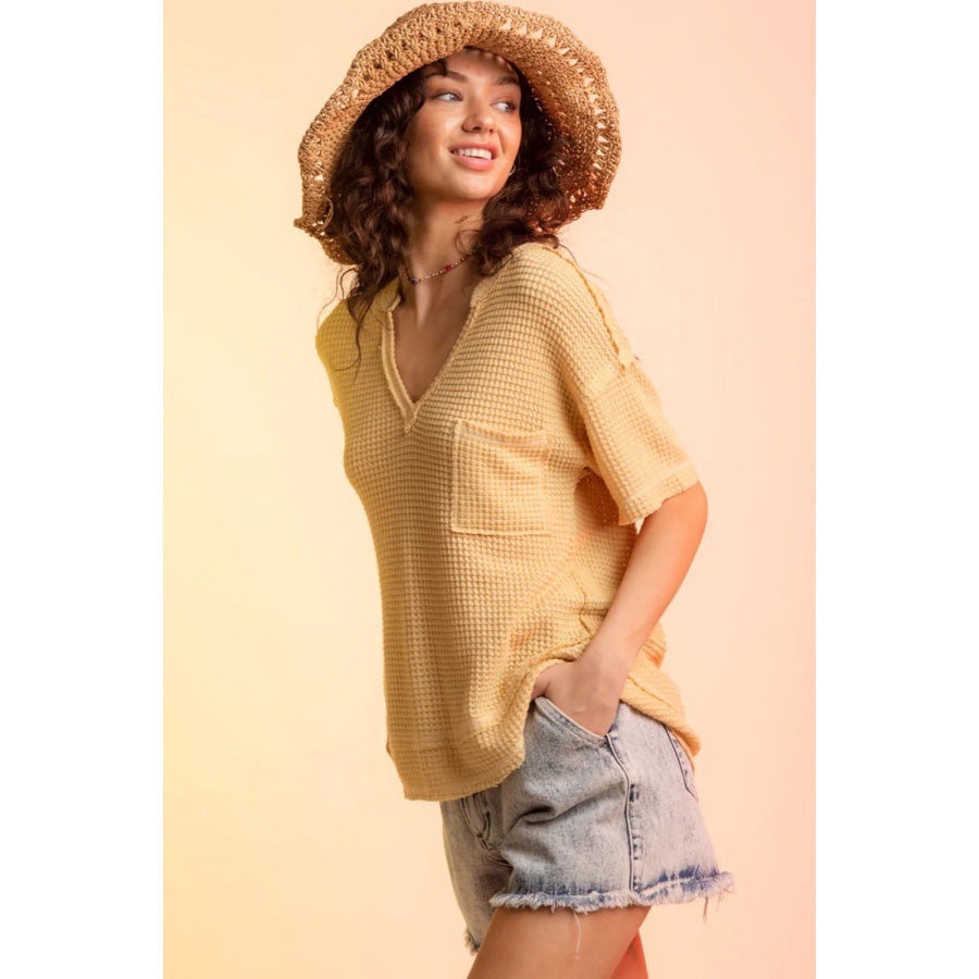 Waffle - Knit Notched Half Sleeve T - Shirt Apparel and Accessories