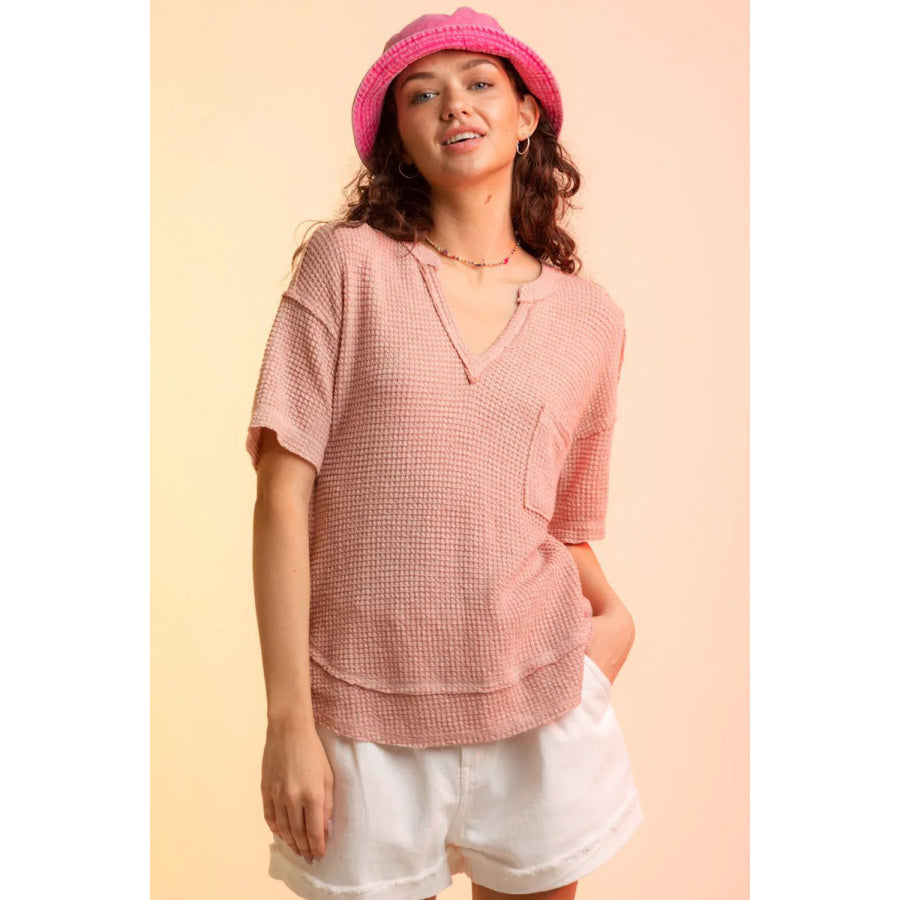 Waffle - Knit Notched Half Sleeve T - Shirt Pale Blush / S Apparel and Accessories