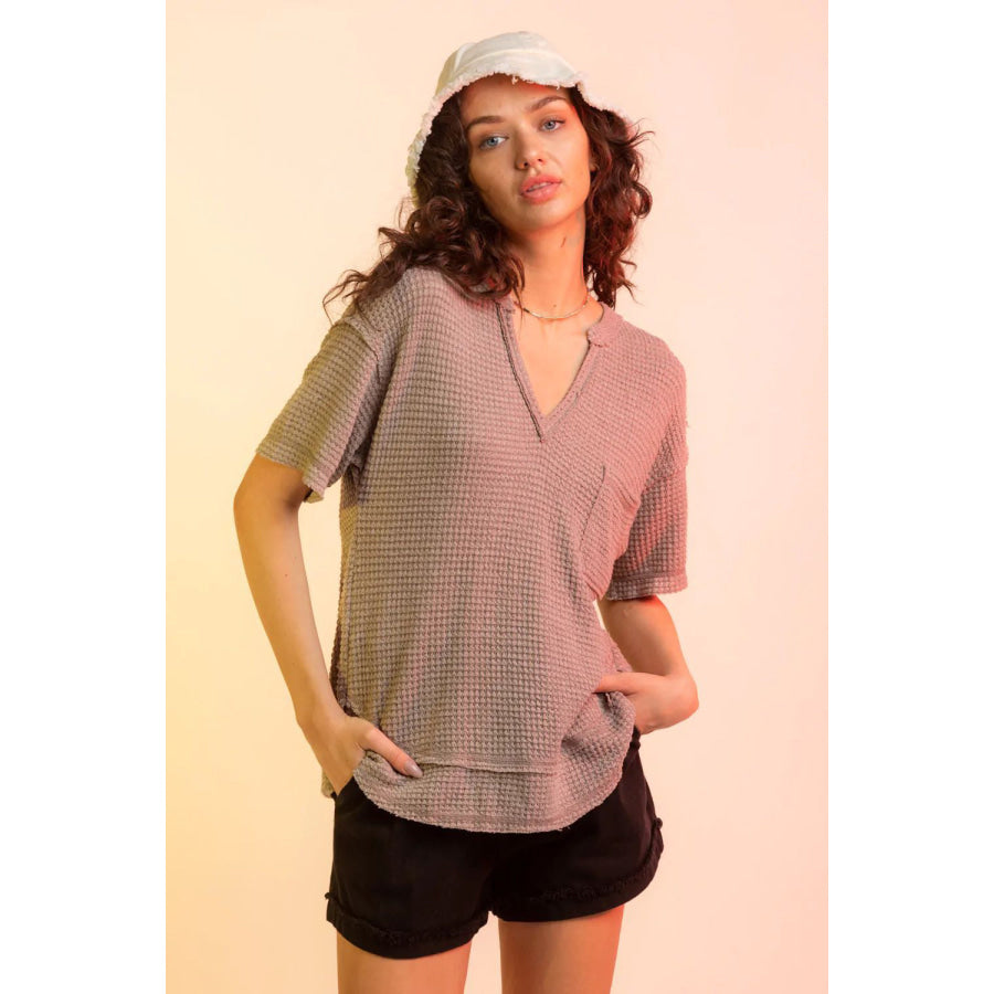 Waffle - Knit Notched Half Sleeve T - Shirt Taupe / S Apparel and Accessories