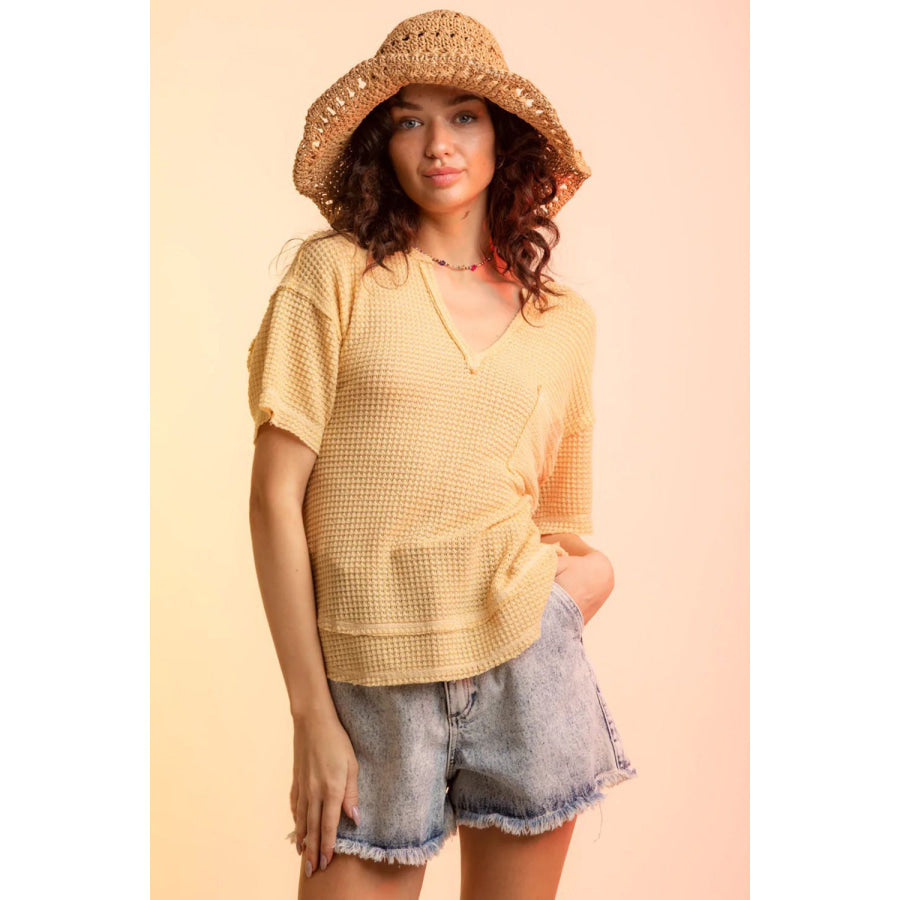 Waffle - Knit Notched Half Sleeve T - Shirt Yellow / S Apparel and Accessories