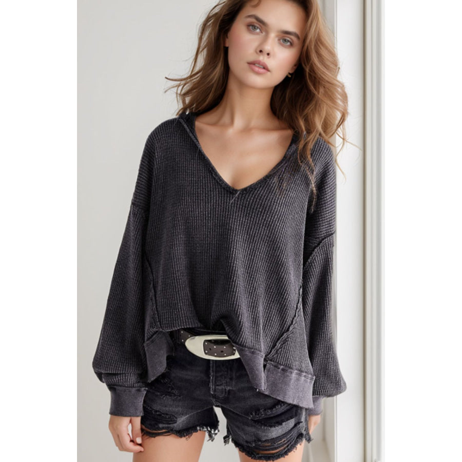 Waffle-Knit Notched Long Sleeve Sweatshirt Apparel and Accessories