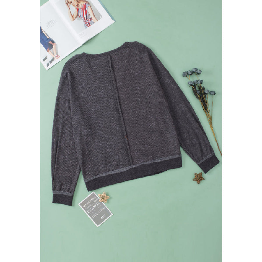 Waffle-Knit Notched Long Sleeve Sweatshirt Apparel and Accessories