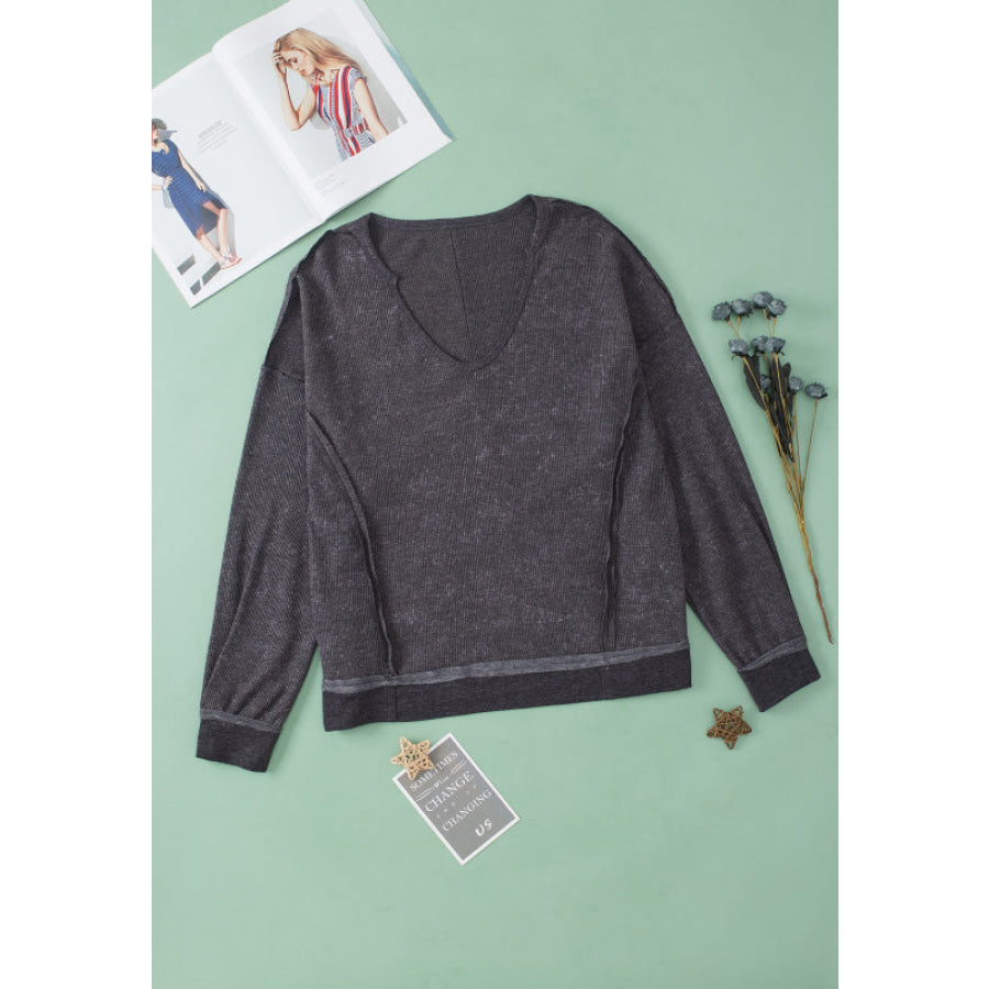 Waffle-Knit Notched Long Sleeve Sweatshirt Apparel and Accessories